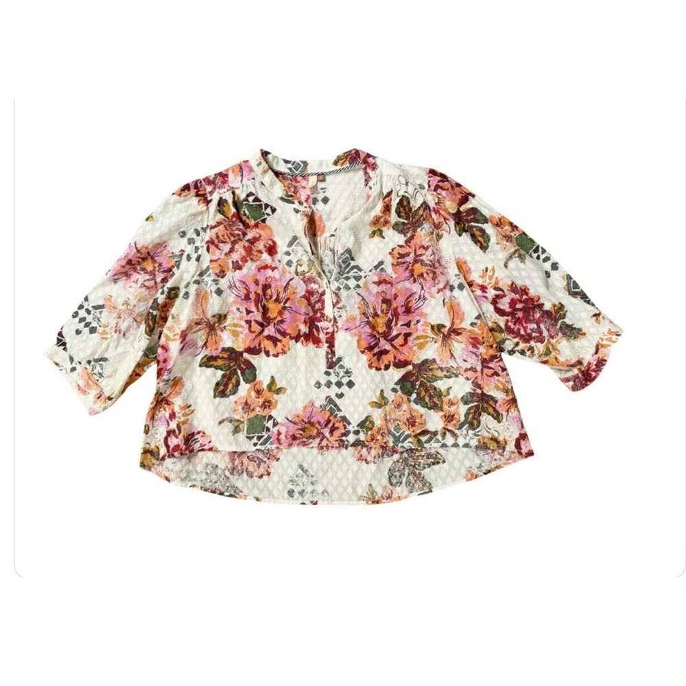 Pilcro Anthropologie Floral Surf Top Blouse Swiss Dot Henley Boho Pink Cream XL - Picture 4 of 12